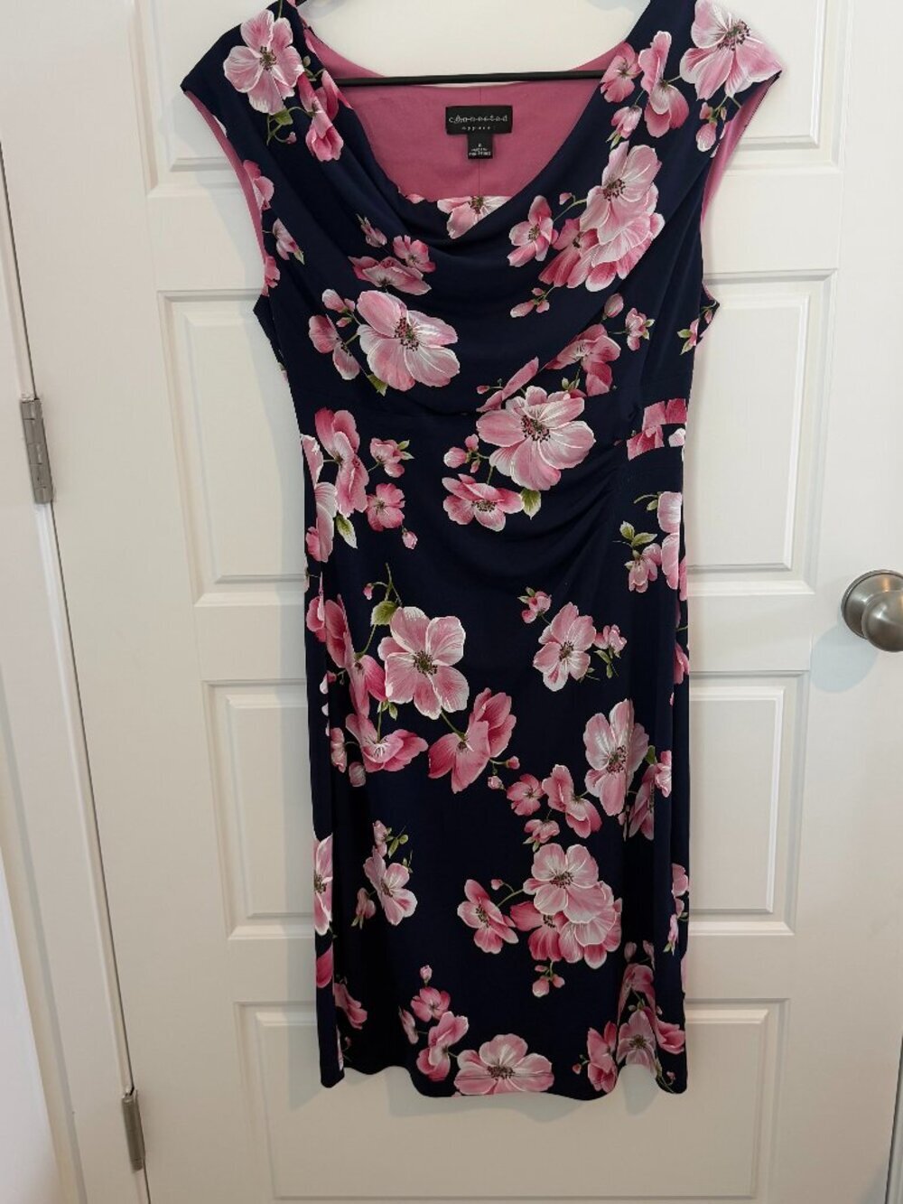 Connected Apparel Floral Dress Navy Pink Cowl Neck Ruched Midi Sheath Size 8